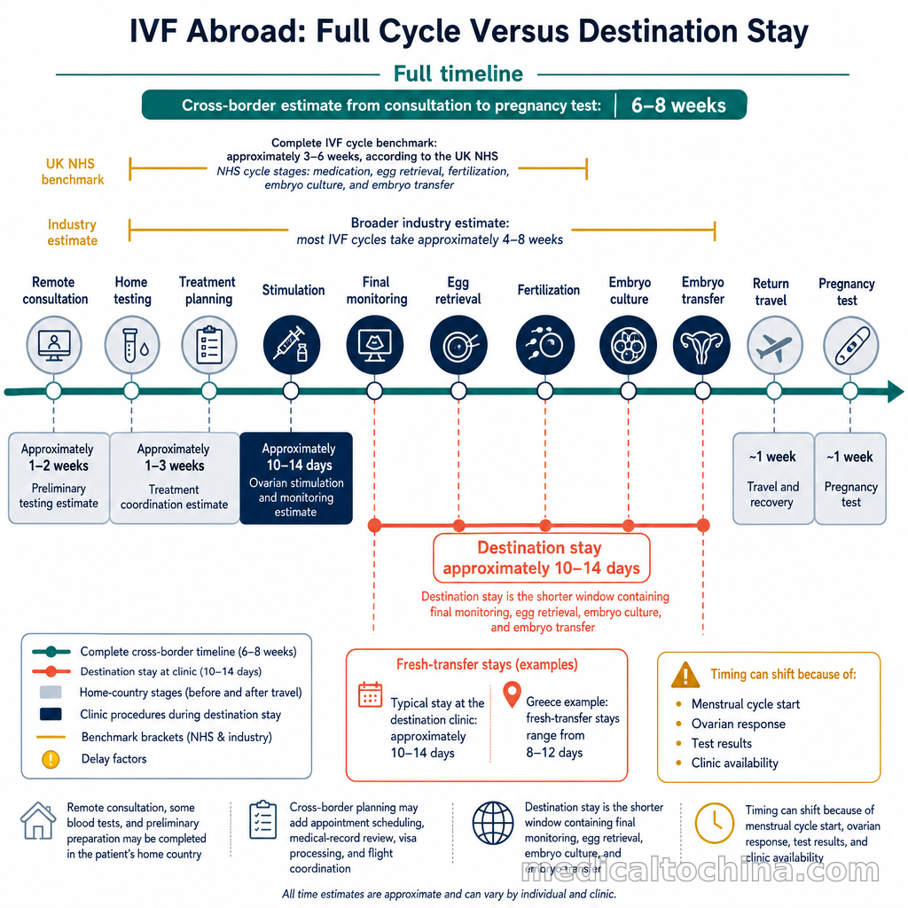 خط زمني مزدوج يوضح الدورة الكاملة لعلاج IVF وفترة الإقامة خارج البلاد