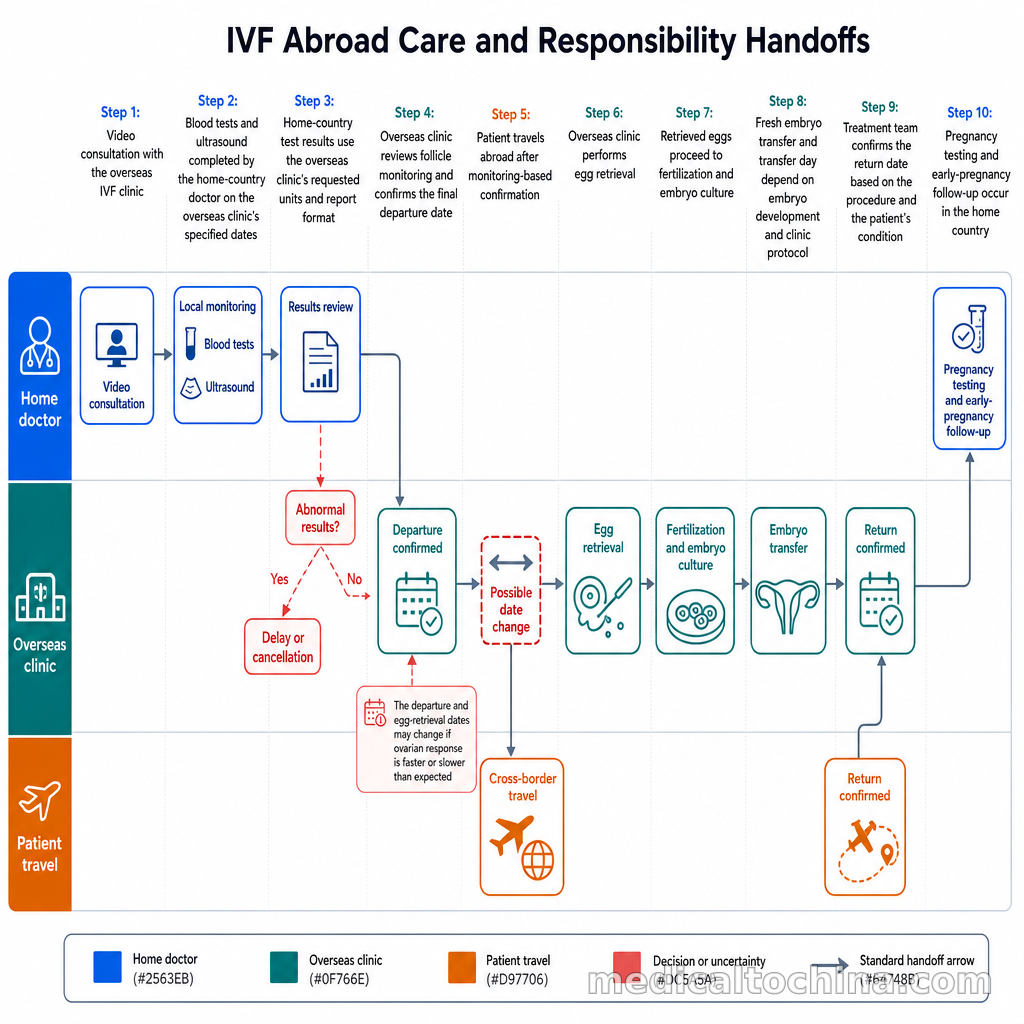 مخطط يوضح مسار رعاية IVF في الخارج من الفحوصات في بلد الإقامة إلى العلاج خارج البلاد ثم المتابعة المحلية