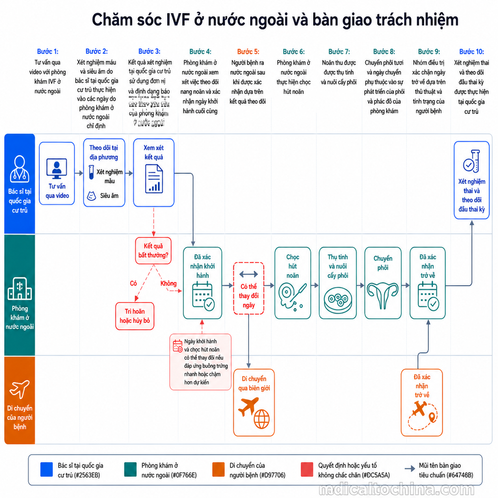 Sơ đồ quy trình IVF ở nước ngoài từ kiểm tra tại quốc gia cư trú đến điều trị ở nước ngoài rồi theo dõi tại địa phương