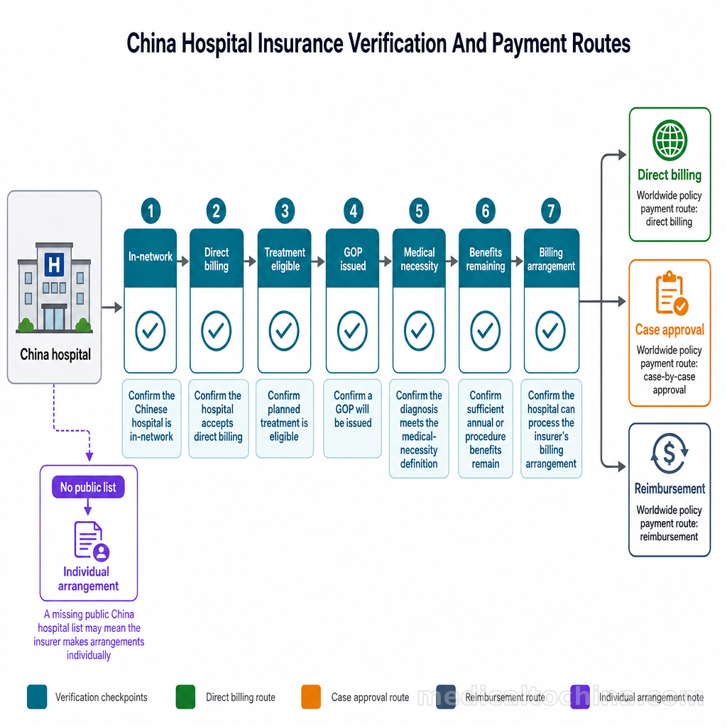 Patient reviewing an international health insurance policy and hospital documents before receiving treatment in China
