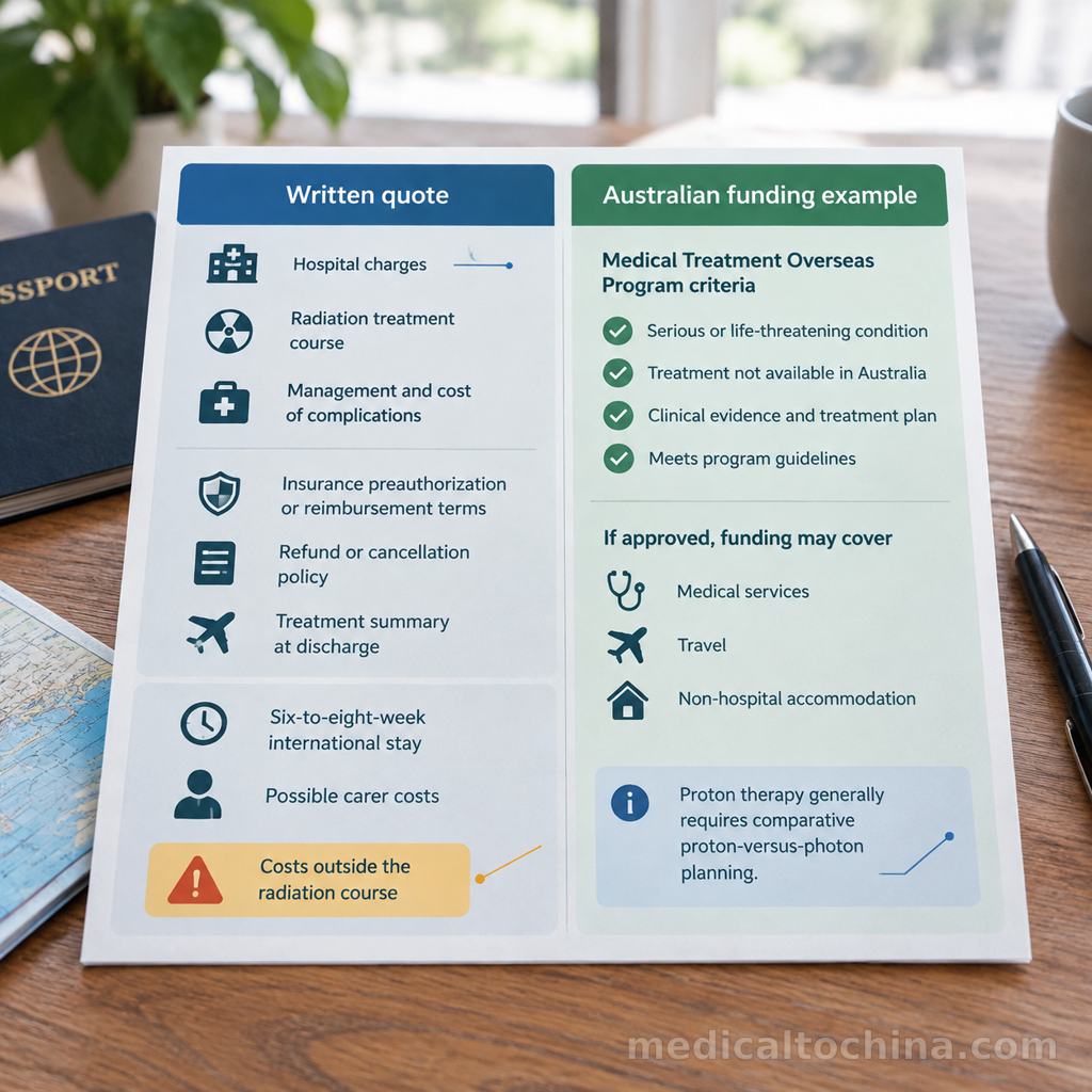 International cancer care pathway from medical-record review and comparative planning to visa approval, overseas treatment, return home, and follow-up